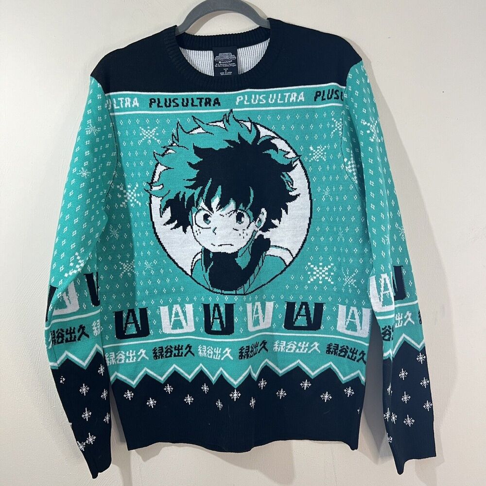 MY HERO ACADEMIA Deku Christmas Sweater Medium Teal Winter Snowflakes Anime